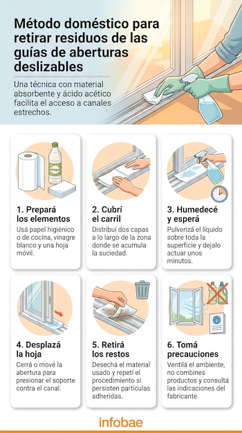 Infografía con seis recuadros ilustrados que explican un procedimiento paso a paso para limpiar el carril de una ventana con papel y vinagre.