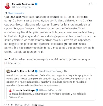Serpa respondió al exministro de Minas Andrés Camacho y mencionó presuntos hechos de corrupción, cuestionamientos a la política de seguridad y decisiones relacionadas con el sistema de salud y la estabilidad fiscal durante el Gobierno Petro - crédito @HoracioJSerpa/X