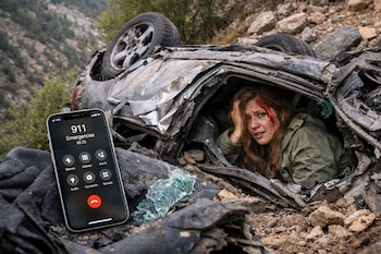 Mujer con sangre en la cara dentro de un coche destrozado y volcado en un terreno rocoso, con un iPhone en primer plano mostrando una llamada al 911.