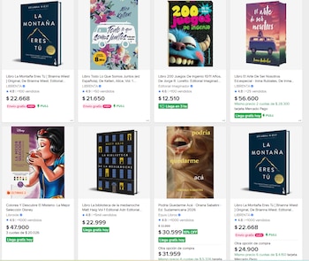 Ocho portadas de libros diferentes en una cuadrícula con sus títulos, autores, reseñas, precios y detalles de envío de Mercado Libre