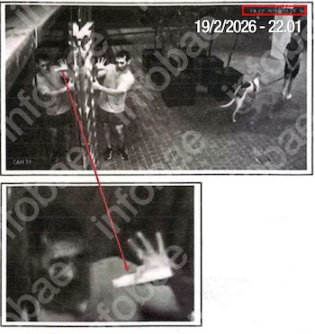 Imagen en blanco y negro de dos cuadros. Arriba: un hombre con las manos extendidas junto a un muro y dos perros en un patio. Abajo: primer plano de la mano del hombre
