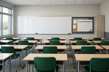 Un aula moderna y vacía con filas de escritorios de madera clara y sillas verdes. Una pizarra blanca y un calendario escolar cuelgan en la pared, con luz natural entrando por ventanas.