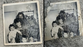 Veronika Nováková logró ubicar a su padre cubano, Leonel González Rodríguez, después de 36 años sin contacto directo. Veronika con sus padres, Renata y Leonel. Imagen mejorada con IA (izquierda), foto origina (derecha). (Foto cortesía)