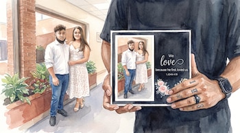 Unas manos sostienen un marco con la imagen de una pareja y texto en inglés, junto a un hombre y una mujer de pie en un pasillo.