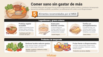Infografía con ilustraciones de una canasta de vegetales, un plato de frijoles, un tazón de avena, tortillas de maíz y frutas.