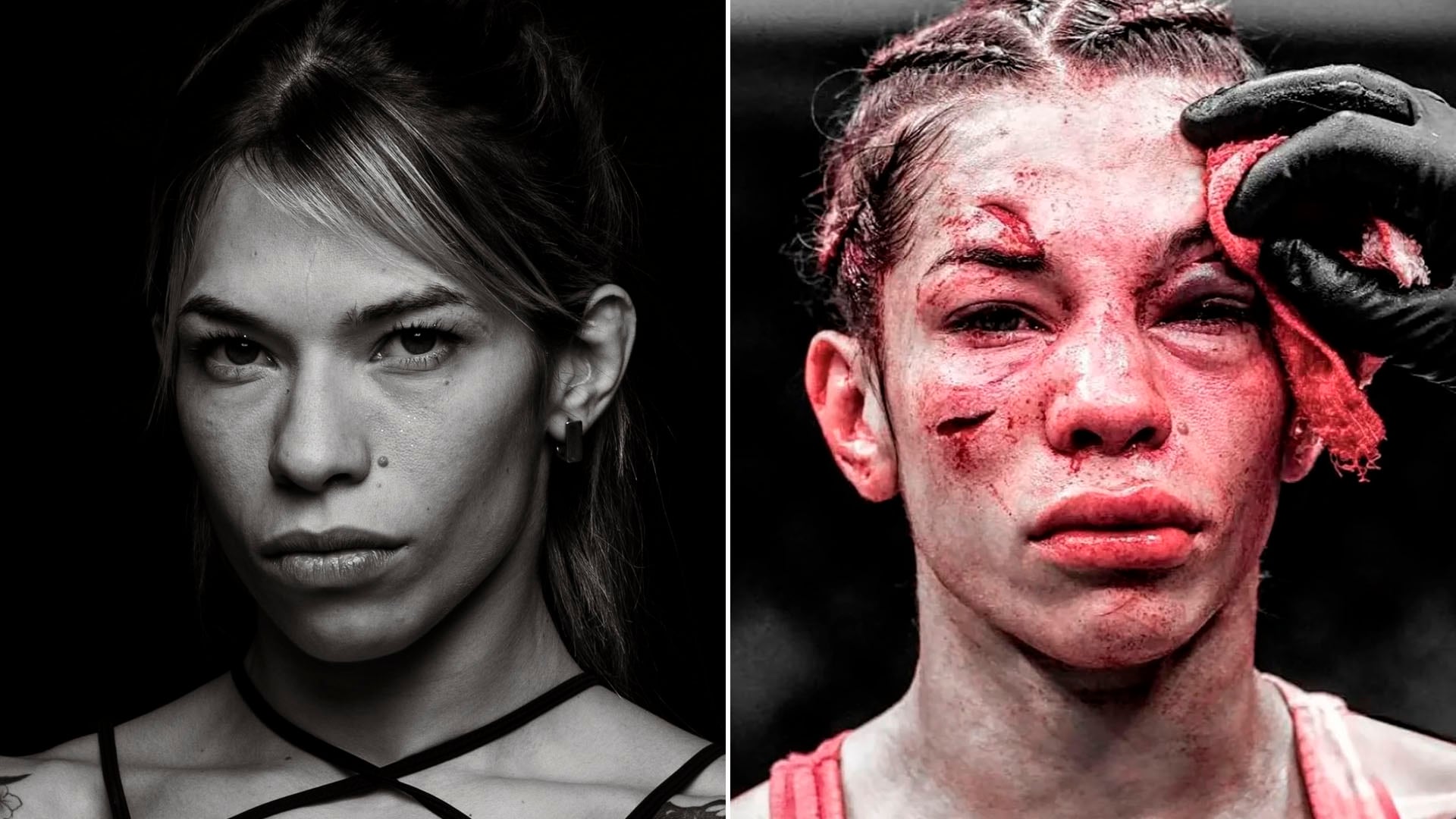 Dos retratos de la peleadora Sofía Montenegro antes de un combate y tras sufrir lesiones y cortes en el rostro durante su estreno en UFC