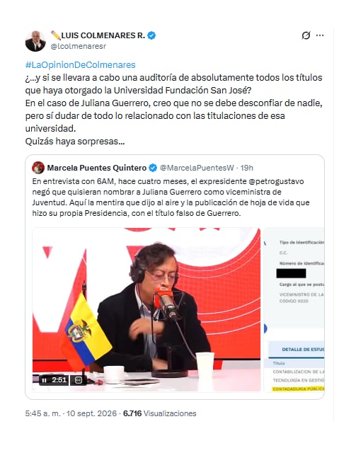 Luis Alonso Colmenares, padre de Luis Andrés Colmenares, pidió con este mensaje en la red social X investigar a la Fundación San José por el caso de Juliana Guerrero - crédito @lcolmenaresr/X