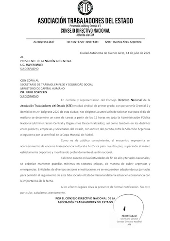 ATE planteó que los servicios básicos deben mantenerse con guardias mínimas para cubrir urgencias y emergencias durante el asueto administrativo