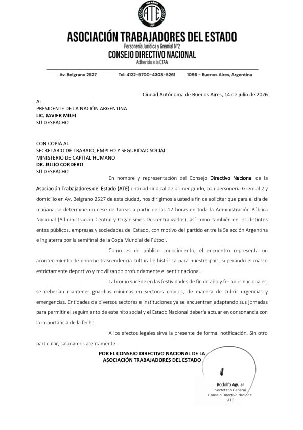 ATE planteó que los servicios básicos deben mantenerse con guardias mínimas para cubrir urgencias y emergencias durante el asueto administrativo