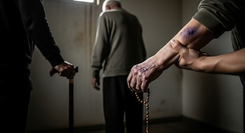 Primer plano de un brazo con un gran hematoma morado, sostenido por otra mano con un rosario, mientras un anciano de espaldas se aleja.
