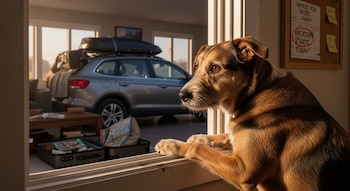 Perro de pelaje marrón y blanco mira por la ventana un coche plateado cargado con maletas. Un tablón de anuncios dice 'Vacation Starts Today'.