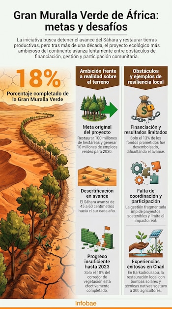 Infografía sobre la Gran Muralla Verde de África mostrando un paisaje desértico con una hilera de árboles, el 18% de avance del proyecto e íconos de desafíos y éxitos.