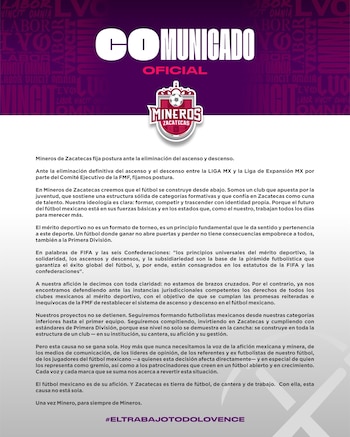 Clubes de la Liga de Expansión MX publicaron comunicados para exigir el respeto al mérito deportivo y el derecho a competir por un lugar en la Liga MX. (X/ Mineros de Zacatecas)