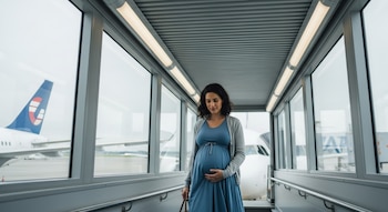 Una mujer embarazada con vestido azul y cárdigan gris camina por una pasarela de embarque acristalada con aviones visibles al fondo.
