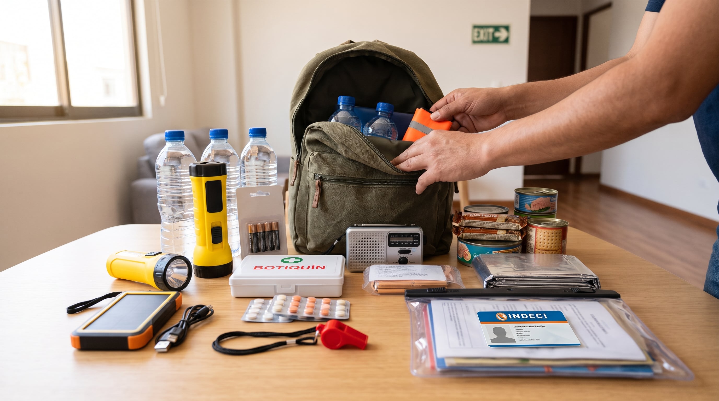Una persona organiza insumos básicos como agua, botiquín y linternas dentro de una mochila de emergencia en una vivienda. (Imagen Ilustrativa Infobae)