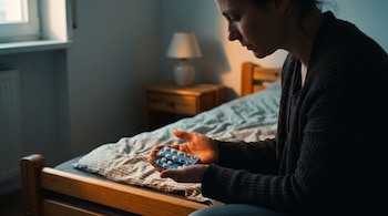 Mujer de perfil sentada al borde de una cama sostiene dos blísteres de pastillas en sus manos en una habitación tenue.