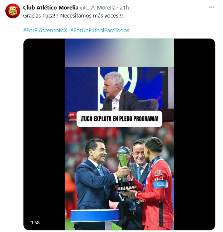 Atlético Morelia agradeció al Tuca por el apoyo mostrado. (Captura de pantalla, X/Atlético Morelia)