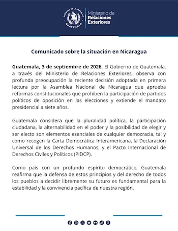 Guatemala expresó su preocupación por la reforma de Nicaragua que restringe la participación de opositores y posterga las elecciones generales de 2026 a 2027.