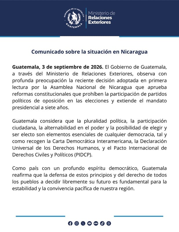 Guatemala sostuvo que esos principios democráticos están recogidos en la Carta Democrática Interamericana y en tratados internacionales de derechos humanos. (Cancillería)