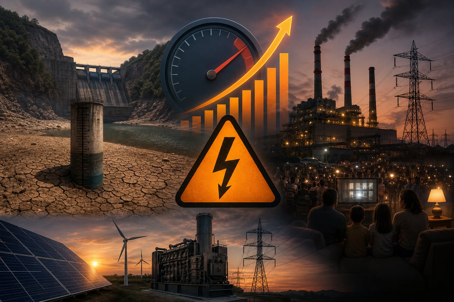 Diversas fuentes de generación eléctrica y un indicador de consumo ilustran la presión que sufre la matriz energética en países centroamericanos ante la sequía de 2026. (Imagen Ilustrativa Infobae)