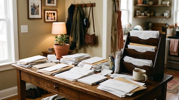 Mesa de madera con pilas de sobres, documentos, un organizador de madera con cartas, una maceta y una taza en una habitación iluminada.