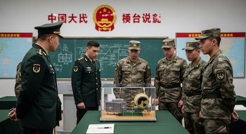 Siete militares uniformados observan un modelo de reactor nuclear sobre una mesa en una sala con pizarras y mapas. Se ve el logo del Ejército Popular de Liberación.