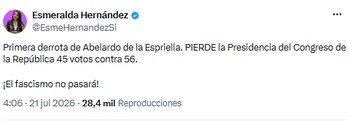 Esmeralda Hernández celebró la derrota de Abelardo de la Espriella en el Congreso - crédito @EsmeHernandezSi/X