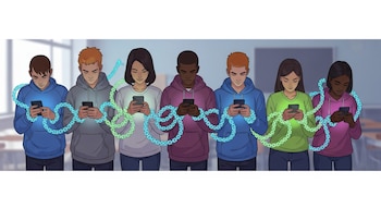 Siete adolescentes, hombres y mujeres, de pie, concentrados en sus teléfonos móviles, con cadenas luminosas que salen de los dispositivos y se enredan en sus brazos.