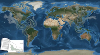Mapa mundial ilustrando continentes y océanos, con líneas grises onduladas que emanan de masas de tierra. Un libro abierto y un gráfico de oxígeno disuelto en la parte inferior izquierda.