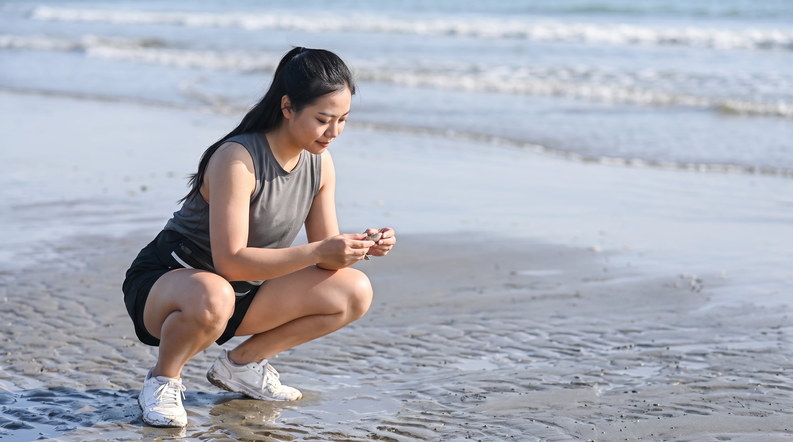 Una mujer vestida con ropa deportiva realiza una sentadilla profunda en la orilla del mar mientras observa un objeto pequeño entre sus manos. (Imagen Ilustrativa Infobae)