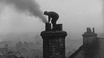 limpiador de chimeneas, trabajo de antes, Deshollinador, hombre limpiando chimenea - VisualesIA