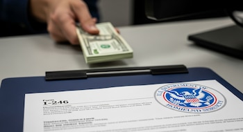 Primer plano de un formulario I-246 y el logo del DHS en un escritorio. Una mano entrega un fajo de billetes de dólar en una oficina de inmigración de EE.UU.