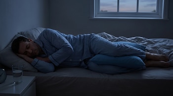 Hombre en pijama de rayas duerme de costado en una cama, con almohada entre las piernas en una habitación oscura. Junto a la cama, un vaso de agua y un reloj.