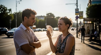 Un hombre y una mujer frente a frente en una calle soleada, la mujer se abanica con un ventilador de mano. Coches y edificios al fondo.
