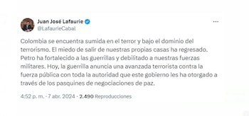 Juan José Lafaurie, reconocido abogado y figura política, levantó la voz contra la administración de Gustavo Petro, a la que acusa de fortalecer a las guerrillas - crédito @LafaurieCabal/X