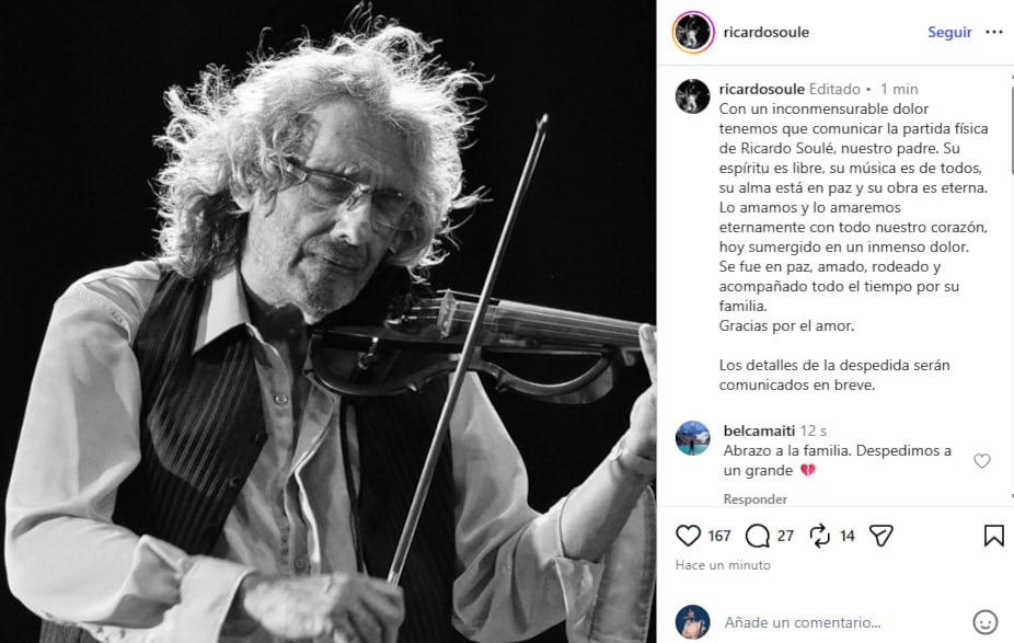 El comunicado de la familia para despedir a Ricardo Soule