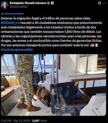 Ronald Johnson elogia rescate de 45 mexicanos que buscaban llegar a EEUU ilegalmente: "detener la migración ilegal y el tráfico de personas salva vidas". Captura de pantalla