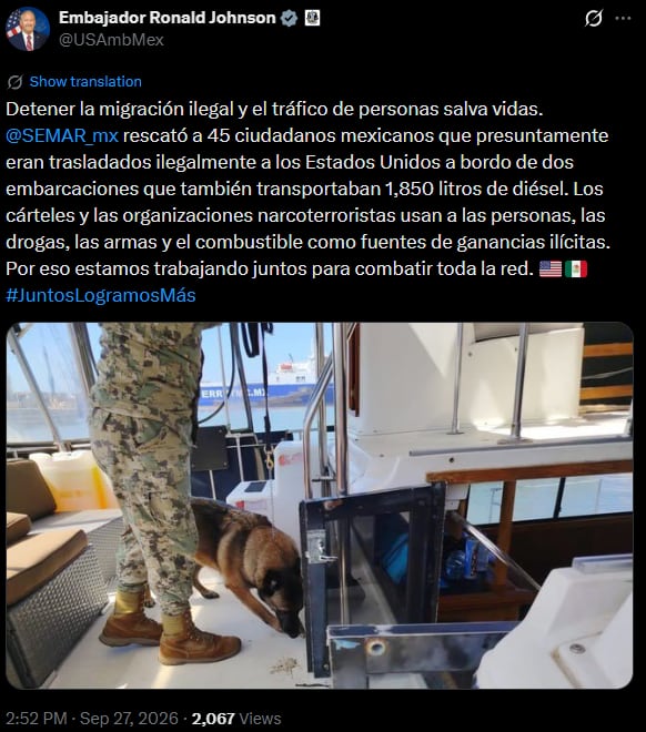 Ronald Johnson elogia rescate de 45 mexicanos que buscaban llegar a EEUU ilegalmente: