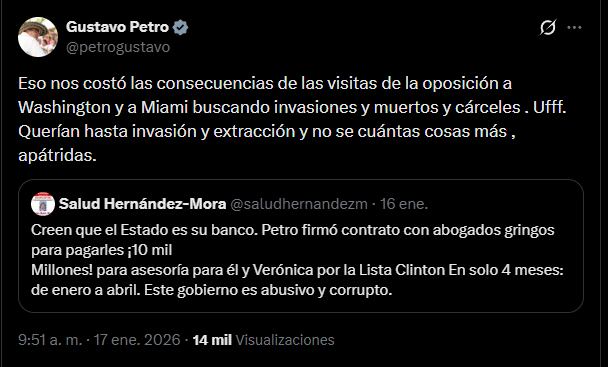 Gustavo Petro respondió a las críticas de Salud Hernández-Mora sobre el contrato de 10 mil millones de pesos para su defensa y la de Verónica Alcocer, acusando a la oposición de buscar “invasión y muertos”, mientras la periodista calificó el gasto como “abusivo y corrupto” - crédito red social X
