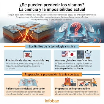 Infografía que muestra placas tectónicas, antenas de monitoreo, símbolos de predicción, banderas de Estados Unidos y Japón, un mapa de sismicidad y elementos de prevención.