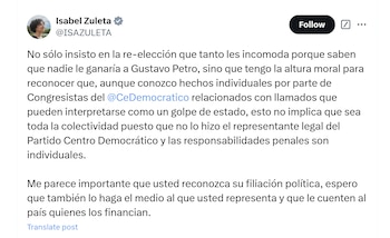 La congresista Isabel Zuleta insistió en la reelección de Gustavo Petro - crédito @ISAZULETA