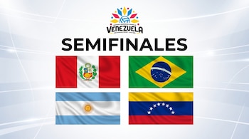 Logotipo del torneo con la palabra Semifinales y las banderas nacionales de Perú, Brasil, Argentina y Venezuela sobre fondo claro.