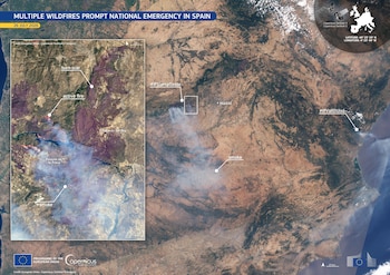 Imagen captada por el Copernicus Sentinel-3 el pasado 26 de julio que muestra un denso humo gris extendiéndose por el centro y el oeste de España. (EFE/ Unión Europea)