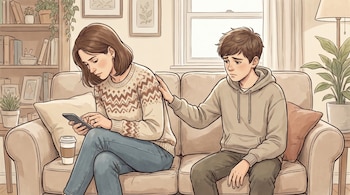 Ilustración de una mujer sentada en un sofá mirando su celular, junto a un adolescente triste que toca su hombro. Hay un vaso de café y estanterías.