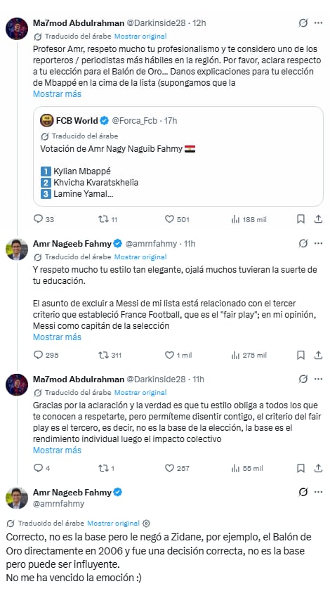 El intercambio que mantuvo el periodista egipcio Amr Nageeb Fahmy en X en el que explicó sus motivos para excluir a Lionel Messi en sus votos para el Balón de Oro