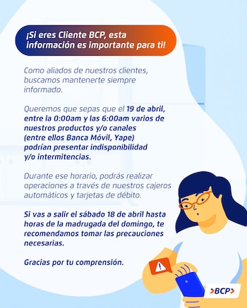 Capturade mensaje del BCP sobre mantenimiento