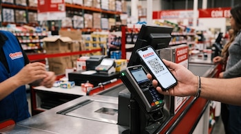 Una mano sostiene un teléfono móvil con un código QR frente a una terminal de pago en una caja registradora de la tienda Costco.