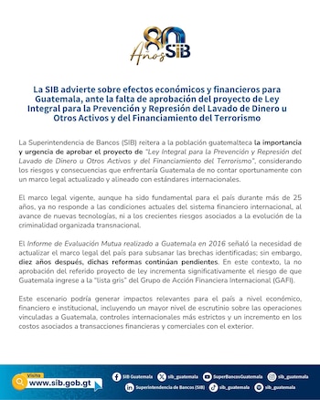 Comunicado oficial de la Superintendencia de Bancos de Guatemala (SIB) con el logo '80 Años SIB' y texto sobre la importancia de una ley antilavado