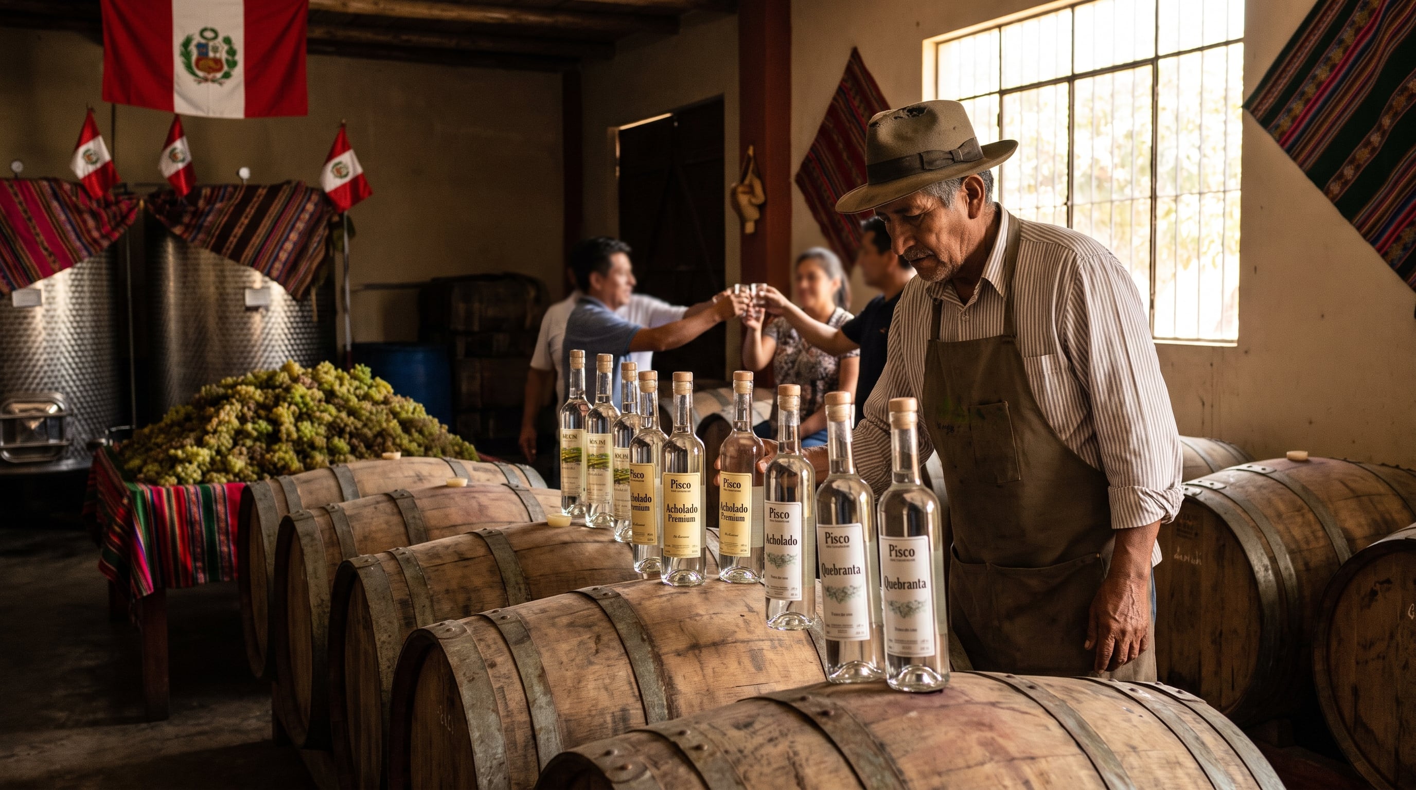 Un productor supervisa botellas de pisco premium sobre barriles de madera en una bodega tradicional de Perú, mientras uvas pisqueras y banderas peruanas decoran el ambiente de celebración. (Imagen Ilustrativa Infobae)