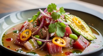 Plato hondo con cubos de pescado crudo, rebanadas de aguacate, rodajas de cebolla morada, hojas de cilantro, aros de chile amarillo, edamame y semillas de sésamo en una salsa.